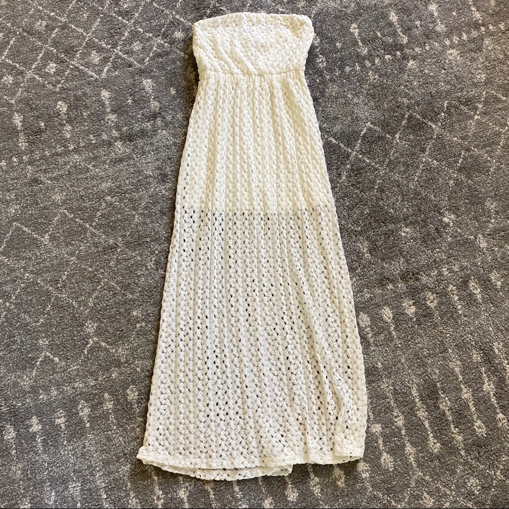 Strapless Cream mini dress with maxi lace overlay